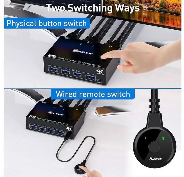 Alt view image 4 of 7 - 2 Port Displayport + HDMI Dual Monitor KVM Switch USB 3.0, HDMI DP Extended Display Switcher for 2 Computers Share 2 Monitors Support 4K @60Hz with 4 USB 3.0 Ports, Wired Remote and 4 Cables Included