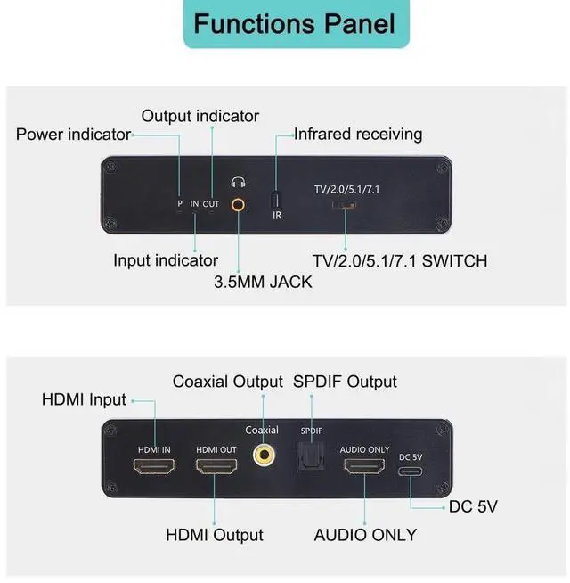 Alt view image 5 of 7 - 8K HDMI Audio Extractor, HDMI to HDMI + Optical Toslink SPDIF + 3.5mm Audio Jack + Coaxial + 7.1Ch HDMI Audio Splitter, Support HDMI 2.1, HDCP 2.3, Dolby, DTS, HDR10 (with Remote Controller) eokCXOY