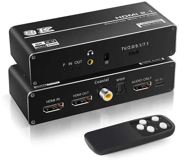 Main image of 8K HDMI Audio Extractor, HDMI to HDMI + Optical Toslink SPDIF + 3.5mm Audio Jack + Coaxial + 7.1Ch HDMI Audio Splitter, Support HDMI 2.1, HDCP 2.3, Dolby, DTS, HDR10 (with Remote Controller) eokCXOY