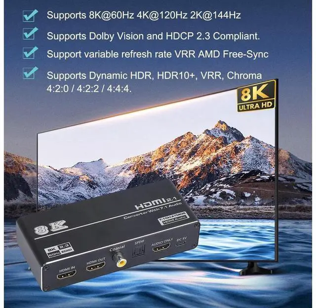 Alt view image 3 of 7 - 8K HDMI Audio Extractor, HDMI to HDMI + Optical Toslink SPDIF + 3.5mm Audio Jack + Coaxial + 7.1Ch HDMI Audio Splitter, Support HDMI 2.1, HDCP 2.3, Dolby, DTS, HDR10 (with Remote Controller) eokCXOY