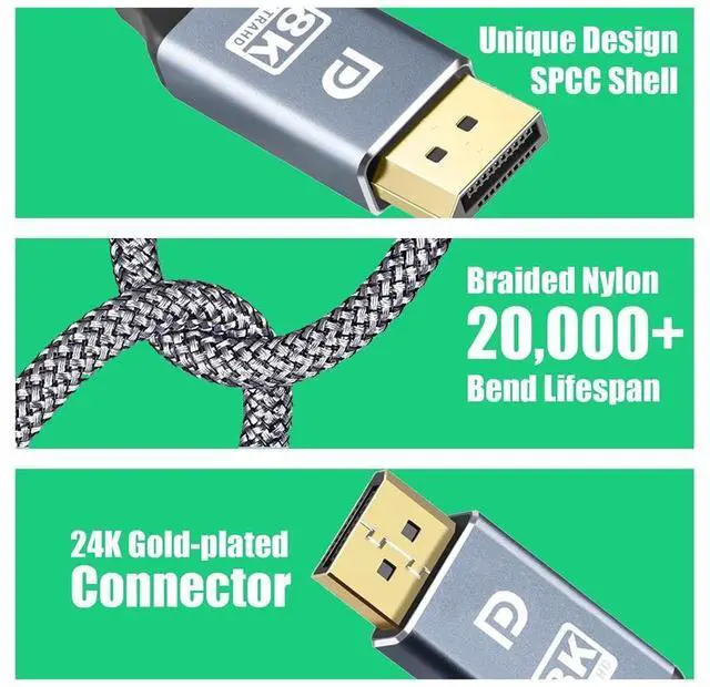 Alt view image 4 of 6 - Real 8K DisplayPort to DisplayPort 1.4 Cable 10ft/3M, Nylon Braided Ultra High Speed 32.4Gbps DP Male to Male Gold-Plated Cable with 8K@60Hz, 4K@120Hz, 2K@144Hz and HDR Support for TV, PC etc eokCXOY