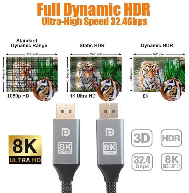 Alt view image 3 of 6 - Real 8K DisplayPort to DisplayPort 1.4 Cable 10ft/3M, Nylon Braided Ultra High Speed 32.4Gbps DP Male to Male Gold-Plated Cable with 8K@60Hz, 4K@120Hz, 2K@144Hz and HDR Support for TV, PC etc eokCXOY