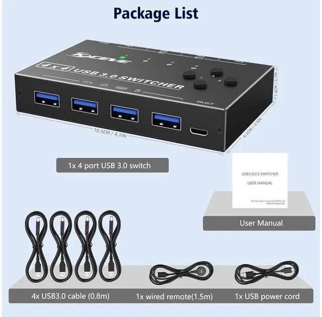 Alt view image 7 of 7 - 4 in 4 Out USB 3.0 Switch 4 Computers, 4 Port USB Switch Selector Sharing 4 USB Devices, mouse, keyboard, scanner, printer, PC Compatible with Mac/Windows/Linux. With wired remote and 4 USB 3.0 Cable