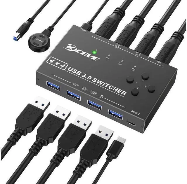 Main image of 4 in 4 Out USB 3.0 Switch 4 Computers, 4 Port USB Switch Selector Sharing 4 USB Devices, mouse, keyboard, scanner, printer, PC Compatible with Mac/Windows/Linux. With wired remote and 4 USB 3.0 Cable