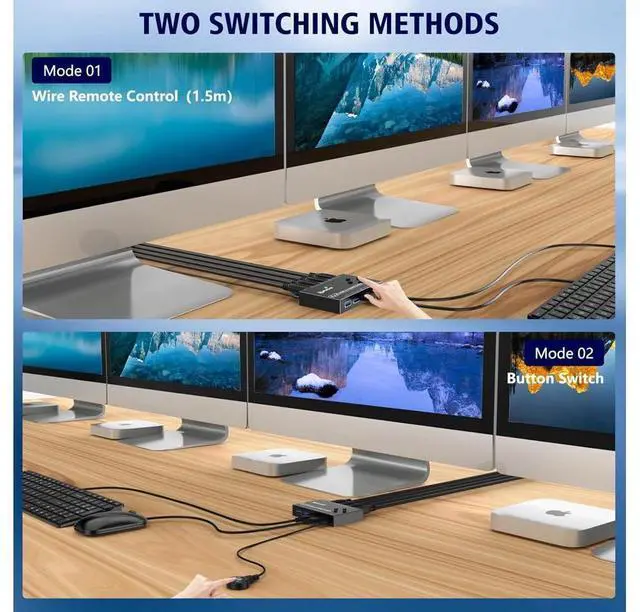 Alt view image 6 of 7 - 4 in 4 Out USB 3.0 Switch 4 Computers, 4 Port USB Switch Selector Sharing 4 USB Devices, mouse, keyboard, scanner, printer, PC Compatible with Mac/Windows/Linux. With wired remote and 4 USB 3.0 Cable