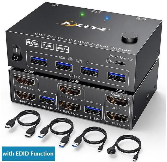 Main image of HDMI KVM Switch 2 Computers 2 Monitors, Dual Monitor HDMI USB 3.0 KVM Switcher 2 in 2 Out , 4K@60Hz HD Resolution, Support Copy and Extended Display, with EDID Function to Keep Window in Right Place