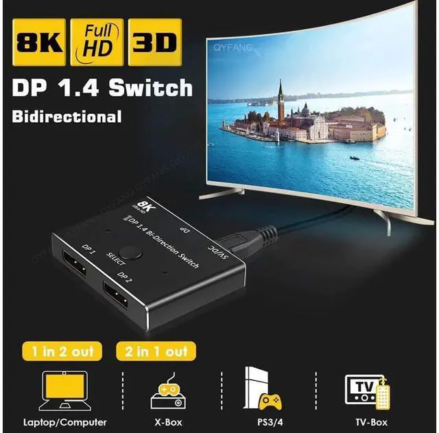 Alt view image 2 of 7 - DisplayPort Switch 8K Splitter Bidirectional DP 1.4 Switcher 2 in 1 Out/1 in 2 Out with One-Key Switch Supports 8K@30Hz 4K@120Hz Compatible with PC Host Monitor Laptop etc eokCXOY