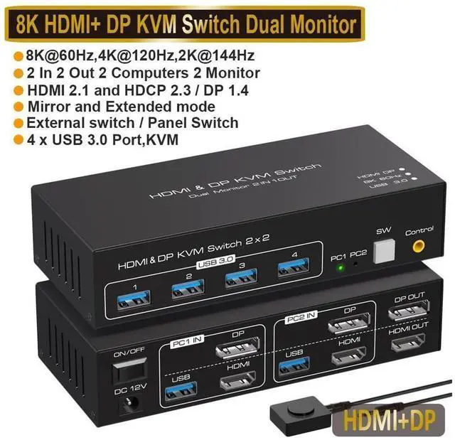 Main image of HDMI + Displayport KVM Switch Dual Monitor, 2 Port DisplayPort and HDMI 8K@60HZ KVM Switcher for 2 Computers 2 Monitors with 4 Ports USB 3.0 Support Copy and Extended Display and Desktop Control