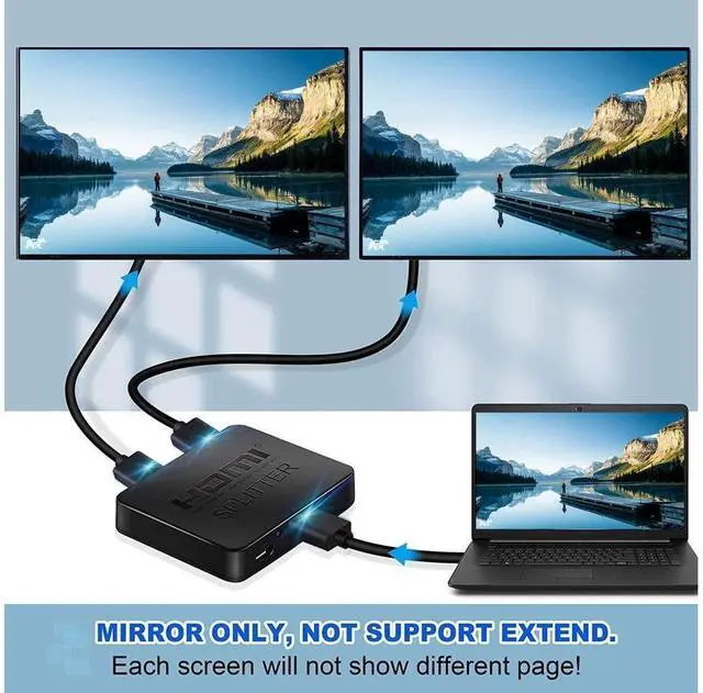 Alt view image 2 of 7 - 4K@60HZ HDMI Splitter, Auto Scaling HDMI Splitter 1 In 2 Out, HDMI2.0b Splitter for Dual Monitors [Only Duplicate/Mirror Screens, Not Extend] Support HDCP2.2, RGB 4:4:4, 18.5Gbps, Full HD 1080P 3D