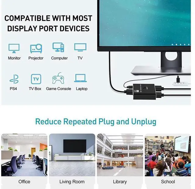 Alt view image 7 of 7 - DisplayPort Switch DP 1.4 Switcher 8K, DisplayPort 1.4 Switch 2 in 1 Out Bi-Directional 8K@30Hz/4K@120Hz/1080P @ 240Hz DP KVM Splitter 1 in 2 Out(not Work simultaneously) eokCXOY