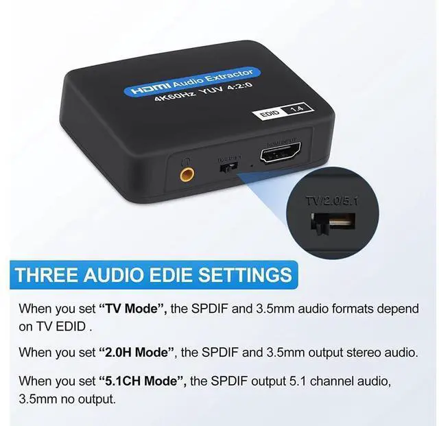 Alt view image 4 of 7 - 4K@60Hz HDMI Audio Extractor, HDMI to HDMI + Optical Toslink SPDIF + 3.5mm Audio Jack Out Splitter Converter Adapter for PS5 Soundbar Blu-Ray eokCXOY