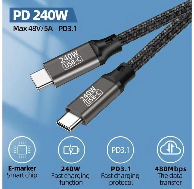Alt view image 2 of 7 - USB C to USB C Cable 240W 3.3ft / 1M, Type C Charging Cable, USB C 240W Fast Charging Cord Nylon Braided Type-C Cable Compatible with Mac-Book Pro, iPad Pro, Air 4th, Ga-laxy S21, Pixel, and More