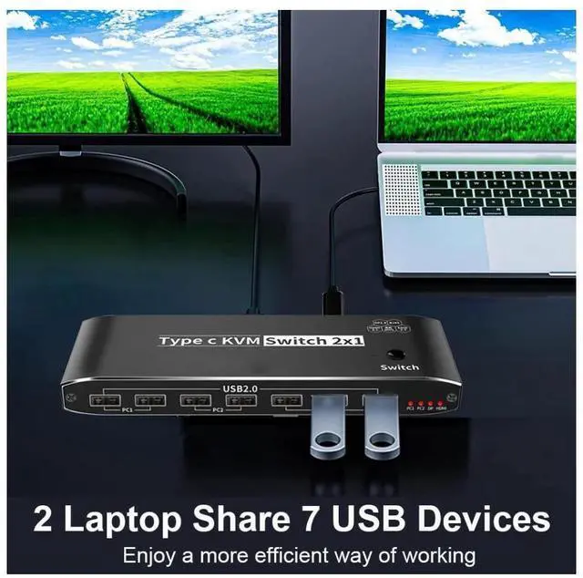 Alt view image 3 of 7 - 2x1 Type C KVM Switch, 8K Thunderbolt 4 USB C KVM Switch with RJ45 3.5mm Jack, 100W PD Charge, 4K 120Hz USB C to HDMI DP KVM Switch for 2 Computer Share 1 Monitor, keyboard, Mouse, 5 x USB 2.0 Device