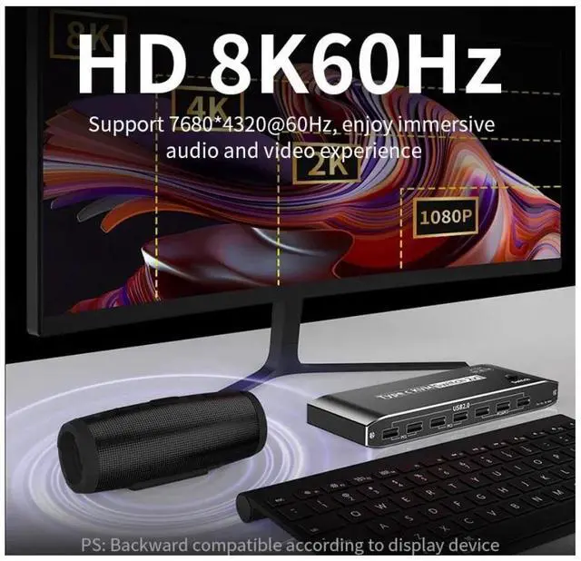 Alt view image 4 of 7 - 2x1 Type C KVM Switch, 8K Thunderbolt 4 USB C KVM Switch with RJ45 3.5mm Jack, 100W PD Charge, 4K 120Hz USB C to HDMI DP KVM Switch for 2 Computer Share 1 Monitor, keyboard, Mouse, 5 x USB 2.0 Device