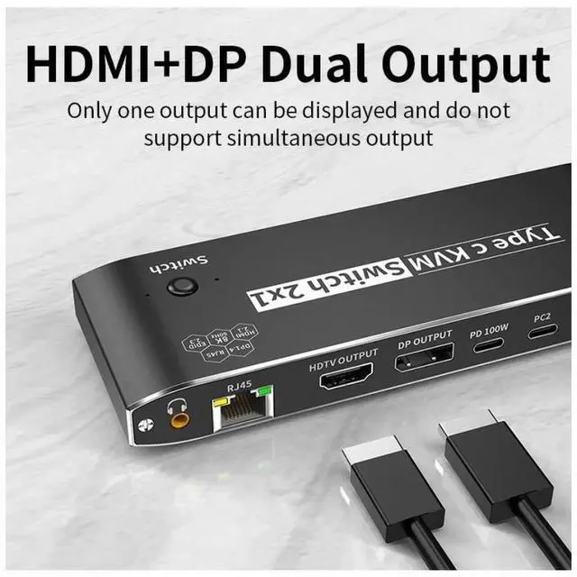 Alt view image 7 of 7 - 2x1 Type C KVM Switch, 8K Thunderbolt 4 USB C KVM Switch with RJ45 3.5mm Jack, 100W PD Charge, 4K 120Hz USB C to HDMI DP KVM Switch for 2 Computer Share 1 Monitor, keyboard, Mouse, 5 x USB 2.0 Device