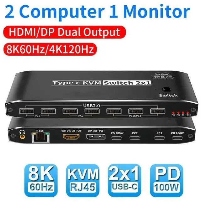 Main image of 2x1 Type C KVM Switch, 8K Thunderbolt 4 USB C KVM Switch with RJ45 3.5mm Jack, 100W PD Charge, 4K 120Hz USB C to HDMI DP KVM Switch for 2 Computer Share 1 Monitor, keyboard, Mouse, 5 x USB 2.0 Device