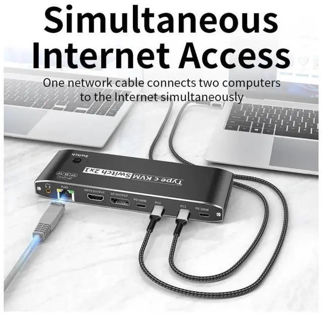 Alt view image 6 of 7 - 2x1 Type C KVM Switch, 8K Thunderbolt 4 USB C KVM Switch with RJ45 3.5mm Jack, 100W PD Charge, 4K 120Hz USB C to HDMI DP KVM Switch for 2 Computer Share 1 Monitor, keyboard, Mouse, 5 x USB 2.0 Device