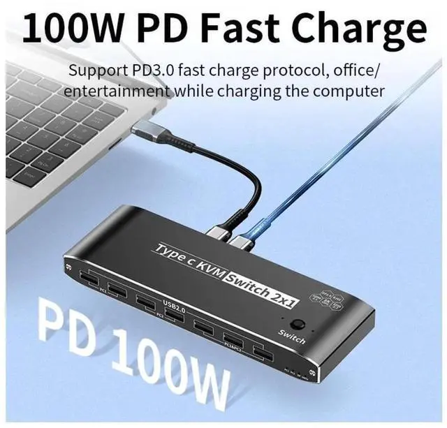 Alt view image 5 of 7 - 2x1 Type C KVM Switch, 8K Thunderbolt 4 USB C KVM Switch with RJ45 3.5mm Jack, 100W PD Charge, 4K 120Hz USB C to HDMI DP KVM Switch for 2 Computer Share 1 Monitor, keyboard, Mouse, 5 x USB 2.0 Device