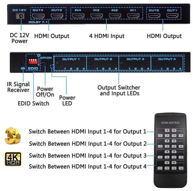 Alt view image 4 of 7 - 4K HDMI Matrix Switch 4x4, HDMI Matrix Switcher Splitter 4 in 4 Out Box with EDID Extractor and IR Remote Control Support 4K HDR, HDMI 2.0b, HDCP 2.2, 4K@60Hz, 3D, YUV 4:4:4 eokCXOY