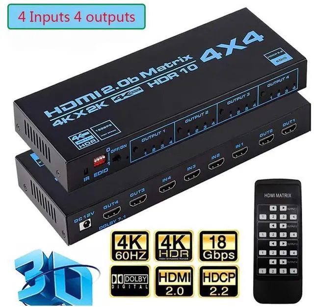 Main image of 4K HDMI Matrix Switch 4x4, HDMI Matrix Switcher Splitter 4 in 4 Out Box with EDID Extractor and IR Remote Control Support 4K HDR, HDMI 2.0b, HDCP 2.2, 4K@60Hz, 3D, YUV 4:4:4 eokCXOY