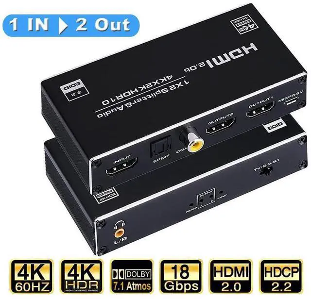 Main image of HDMI Splitter 1 in 2 Out with 3.5mm, Coaxial & Optical SPDIF audio out - 4K Ver HDMI2.0 HDCP2.2, Powered HDMI Splitter Supports 3D 4K@60HZ Full HD1080P for Xbox PS4 PS3 Fire Stick Roku Blu-Ray Player