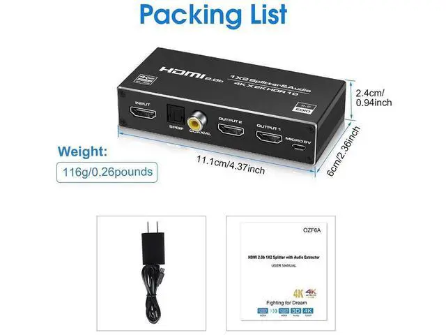 Alt view image 7 of 7 - HDMI Splitter 1 in 2 Out with 3.5mm, Coaxial & Optical SPDIF audio out - 4K Ver HDMI2.0 HDCP2.2, Powered HDMI Splitter Supports 3D 4K@60HZ Full HD1080P for Xbox PS4 PS3 Fire Stick Roku Blu-Ray Player