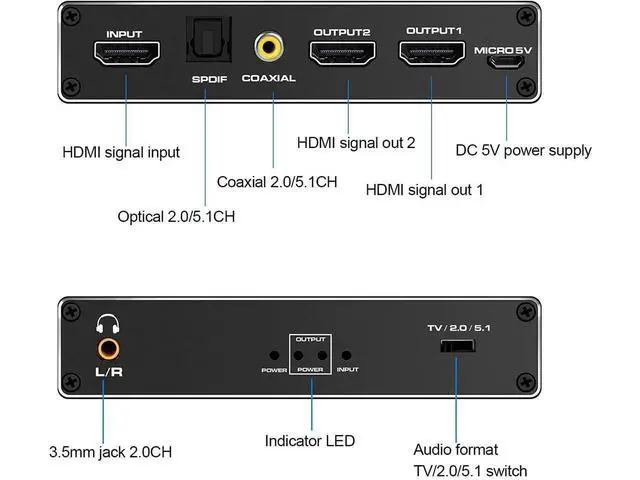 Alt view image 2 of 7 - HDMI Splitter 1 in 2 Out with 3.5mm, Coaxial & Optical SPDIF audio out - 4K Ver HDMI2.0 HDCP2.2, Powered HDMI Splitter Supports 3D 4K@60HZ Full HD1080P for Xbox PS4 PS3 Fire Stick Roku Blu-Ray Player