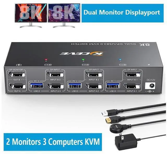 Main image of 8K Displayport KVM Switch 2 Monitors 3 Computers 8K@60Hz 4K@144Hz, Dual Monitor KVM Switch Displayport with 4 USB 3.0 Ports for USB Devices, Wired Remote and 12V Power Adapter Included eokCXOY