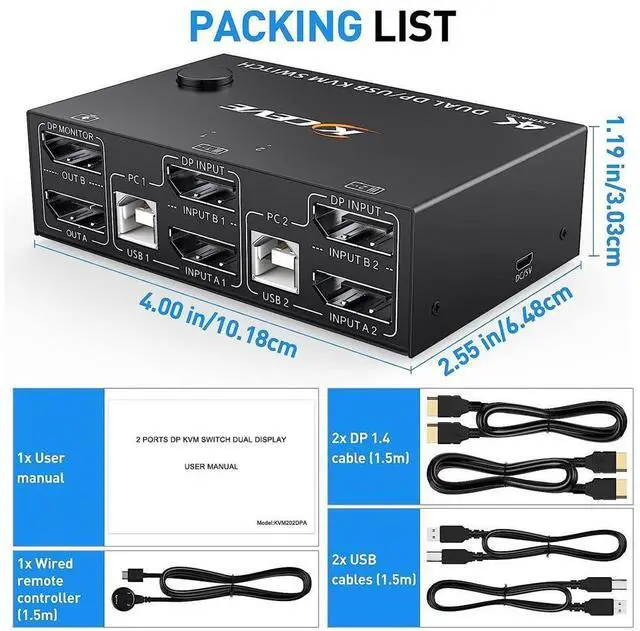 Alt view image 7 of 7 - Displayport KVM Switch Dual Monitor, DisplayPort 1.4 USB KVM 8K@30Hz 2 in 2 Out,DP Extended Display KVM Switch for 2 Computers Share 2 Monitors and 4x USB 2.0 Ports, with Wired Remote and 4 Cables
