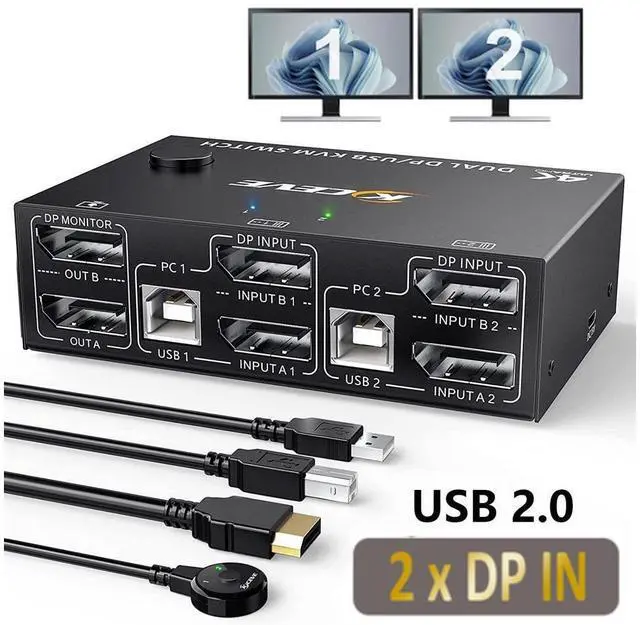 Main image of Displayport KVM Switch Dual Monitor, DisplayPort 1.4 USB KVM 8K@30Hz 2 in 2 Out,DP Extended Display KVM Switch for 2 Computers Share 2 Monitors and 4x USB 2.0 Ports, with Wired Remote and 4 Cables
