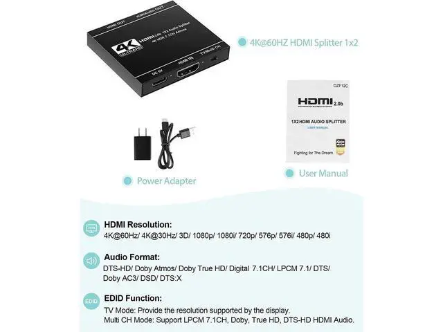 Alt view image 7 of 7 - HDMI Splitter 1 in 2 Out with HDMI Audio Output- 4K Ver HDMI2.0 HDCP2.2, Powered HDMI Splitter Supports 3D 4K@60HZ Full HD1080P for Xbox PS4 PS3 Fire Stick Roku Blu-Ray Player TV eokCXOY