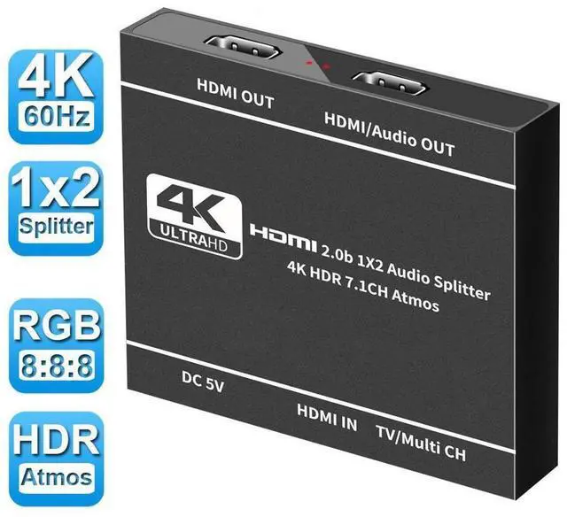 Main image of HDMI Splitter 1 in 2 Out with HDMI Audio Output- 4K Ver HDMI2.0 HDCP2.2, Powered HDMI Splitter Supports 3D 4K@60HZ Full HD1080P for Xbox PS4 PS3 Fire Stick Roku Blu-Ray Player TV eokCXOY