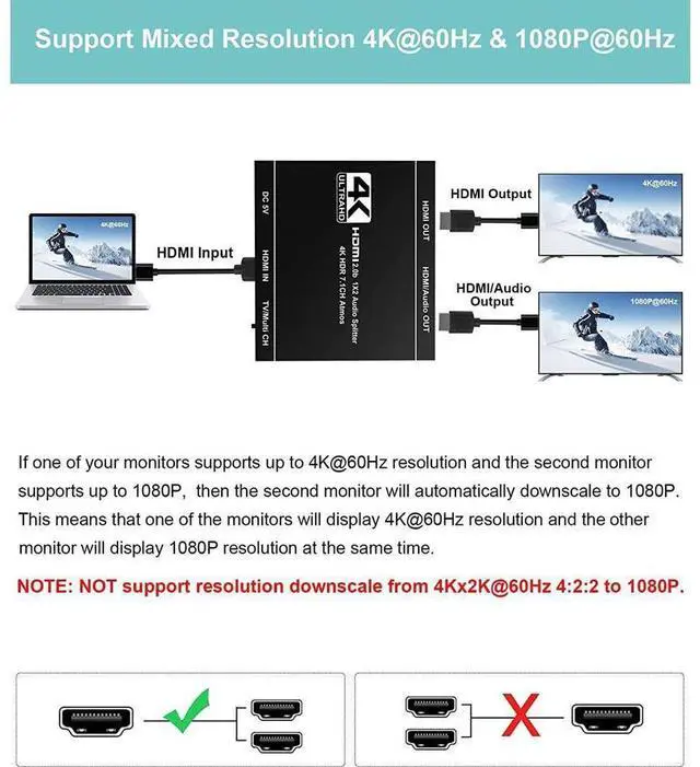 Alt view image 3 of 7 - HDMI Splitter 1 in 2 Out with HDMI Audio Output- 4K Ver HDMI2.0 HDCP2.2, Powered HDMI Splitter Supports 3D 4K@60HZ Full HD1080P for Xbox PS4 PS3 Fire Stick Roku Blu-Ray Player TV eokCXOY