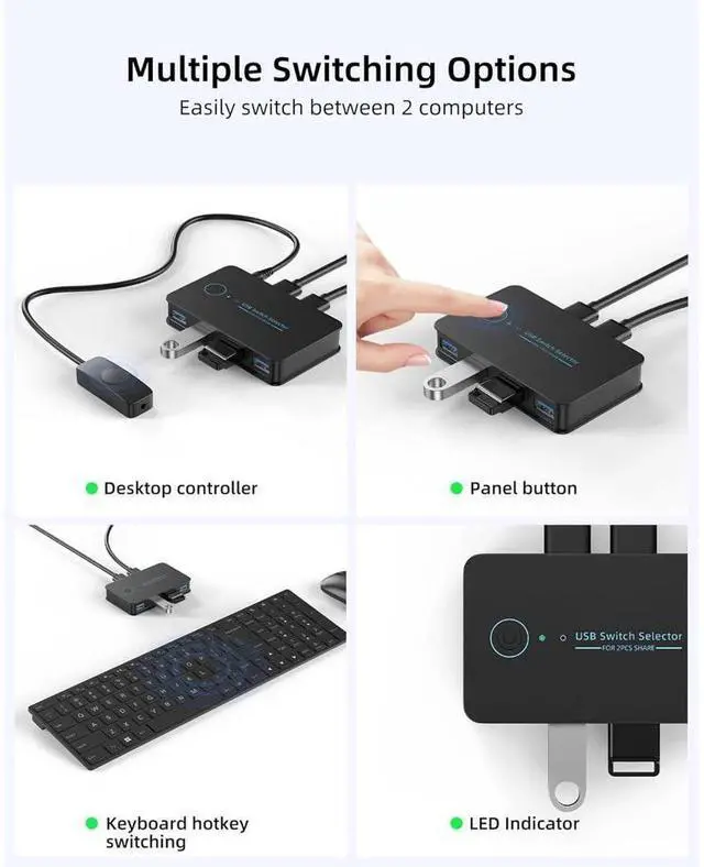 Alt view image 4 of 7 - USB 3.0 Switch 2 in 4 Ouit, USB Switcher for 2 Computers Share 4 USB for Printer Keyboard Mouse, Scanner, USB KVM Switch Selector with 2 USB 3.0 Cables, Support Hotkey/Button/Wired Remote Switching