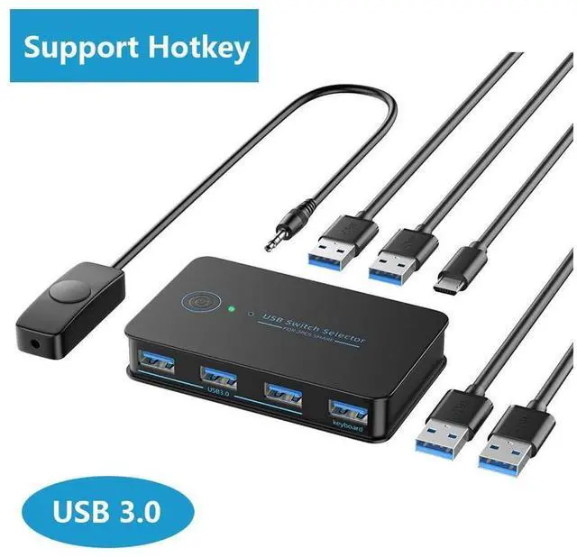 Main image of USB 3.0 Switch 2 in 4 Ouit, USB Switcher for 2 Computers Share 4 USB for Printer Keyboard Mouse, Scanner, USB KVM Switch Selector with 2 USB 3.0 Cables, Support Hotkey/Button/Wired Remote Switching