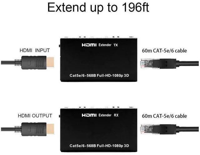 Alt view image 4 of 7 - 60M HDMI Extender Over Signal Cat5e/6 Ethernet Cable 1080P HDMI to RJ45 Network Cable Extender Repeater for PC PS2 TV Monitor eokCXOY