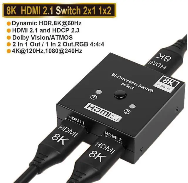 Main image of 4K 120Hz HD Switch HDMI-compatible Adapter 8K HD Bi-Direction Switcher 1x2/2x1 Switch HD Switch Support HDMI 2.1 and HDCP 2.3,Dynamic HDR,Dolby ATMOS,Dolby vision for Xiaomi Box PS5/4 TV Box eokCXOY