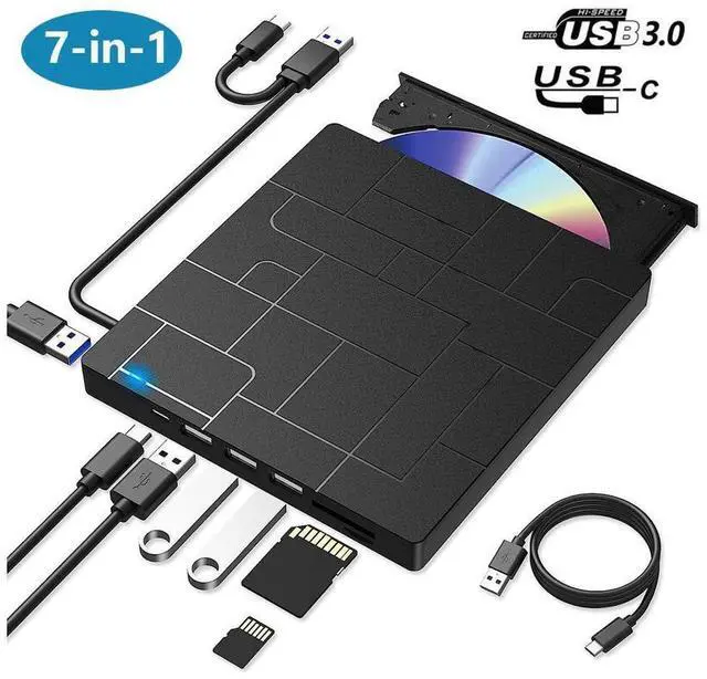 Main image of [Upgraded] [7 in 1] External CD DVD Drive, USB 3.0 Type-C DVD-ROM CD-RW Player Ultra Slim CD Burner with 4 USB Ports SD/TF Card Slots Optical Disk DVD Drive for Laptop Desktop Windows 10/8/7 Linux OS