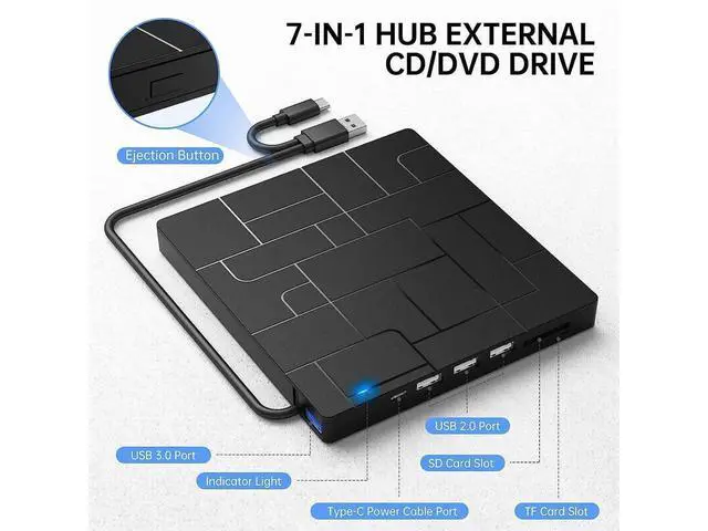 Alt view image 2 of 7 - [Upgraded] [7 in 1] External CD DVD Drive, USB 3.0 Type-C DVD-ROM CD-RW Player Ultra Slim CD Burner with 4 USB Ports SD/TF Card Slots Optical Disk DVD Drive for Laptop Desktop Windows 10/8/7 Linux OS