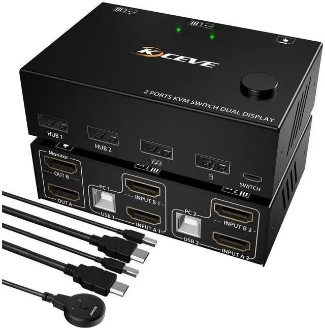 Main image of Dual Monitor KVM Switch HDMI 2 Port 4K@30Hz, 2 In 2 Out 2 Monitor KVM Switch USB HDMI Extended Display Switcher for 2 PCs Share 2 Monitors and 4 USB 2.0 Hub, Desktop Controller and USB Cables Included