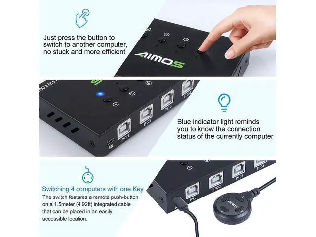 Alt view image 3 of 7 - USB Switch Selector 4 Port, USB KVM Switcher 4 Computers Sharing 4 USB Devices One-Button Swapping, for Share Mouse, Keyboard, Printer, Scanner, with 4 USB Cables eokCXOY