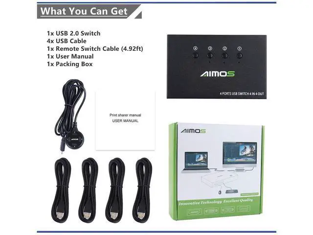 Alt view image 7 of 7 - USB Switch Selector 4 Port, USB KVM Switcher 4 Computers Sharing 4 USB Devices One-Button Swapping, for Share Mouse, Keyboard, Printer, Scanner, with 4 USB Cables eokCXOY