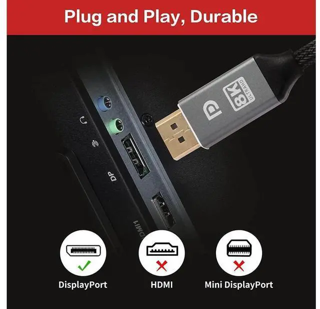 Alt view image 7 of 7 - DisplayPort Cable DP 1.4, Nylon Braided 8K DP Cable (8K @60Hz, 4K @120Hz, 2K, HDR, HBR3, HDCP 2.2) Display Port Cable V1.4 High Speed 32.4Gbps DisplayPort Cord for Laptop PC TV Gaming Monitor (3.3ft)