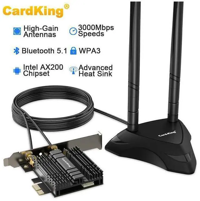 Main image of Cardking PCIe WiFi 6 card for desktop PC, 3000 Mbps 802.11AX dual band wireless Bluetooth 5.1 adapter with magnetic antenna base, MU-MIMO, OFDMA, Advanced Heat Sink Support Windows 10 64bit (BLACK)