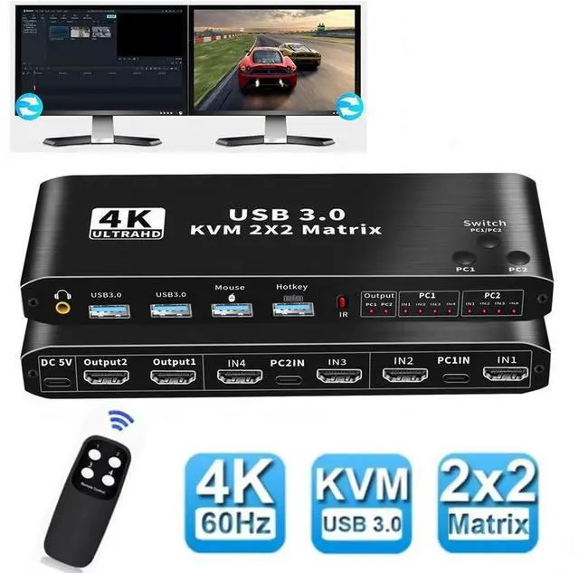 Main image of 2x2 HDMI KVM Matrix Switch 2 Monitors 2 Computers 4K 60z, 2 PC 2 Monitor KVM Switch, Dual Monitor HDMI USB 3.0 KVM 2x2 Matrix Switch 2 in 2 Out, Support HDCP2.2, Hotkey,Extended And Mirror Display