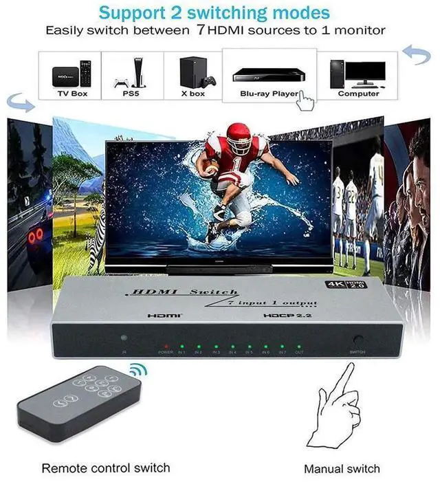 Alt view image 4 of 7 - HDMI 2.0 Switch 7 in 1 Out - 4K @60Hz HDMI Selector Switch with Remote,18Gbps HDMI 2.0 HDR HDCP 3D, Support 4K@60Hz 2160p 1080p Premium Quality Auto Switcher Hub for PS4/5 Xbox,TV, Nintendo eokCXOY