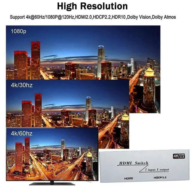 Alt view image 5 of 7 - HDMI 2.0 Switch 7 in 1 Out - 4K @60Hz HDMI Selector Switch with Remote,18Gbps HDMI 2.0 HDR HDCP 3D, Support 4K@60Hz 2160p 1080p Premium Quality Auto Switcher Hub for PS4/5 Xbox,TV, Nintendo eokCXOY