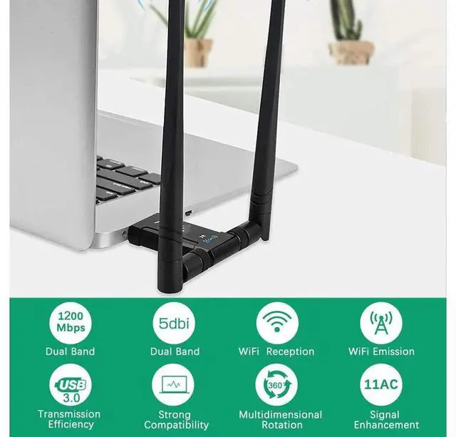 Alt view image 2 of 7 - USB 3.0 WiFi Adapter 1200Mbps, AC1200 WLAN Adapter Dual Band 867Mbit/s (5GHz), 433Mbit/s (2.4GHz) Wireless Adapter with 5dBi Antenna and USB 3.0 Docking Station for Desktop Laptop PC Windows/Mac OS