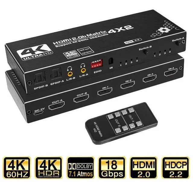 Main image of HDMI Matrix 4x2, 4K@60Hz HDMI Matrix Switch 4 in 2 Out with EDID Extractor and IR Remote Control, Support HDMI 2.0b, HDCP2.2, HDR10, Ultra HD, 3D eokCXOY