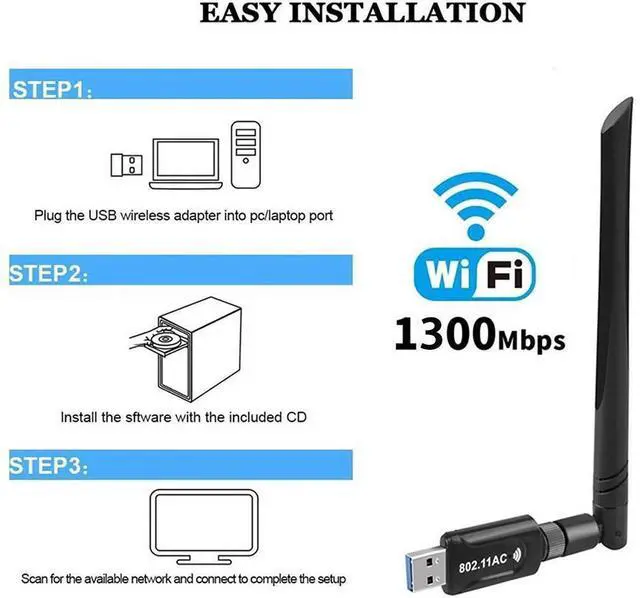 Alt view image 5 of 7 - USB WiFi Adapter 1300Mbps USB 3.0 WiFi Adapter 802.11AC Dual Band 2.4Ghz/5.8Ghz with High Gain 5dBi Antenna Wireless Network WiFi Dongle for PC/Desktop/Laptop Supports Windows/Mac OS/Ubuntu eokCXOY